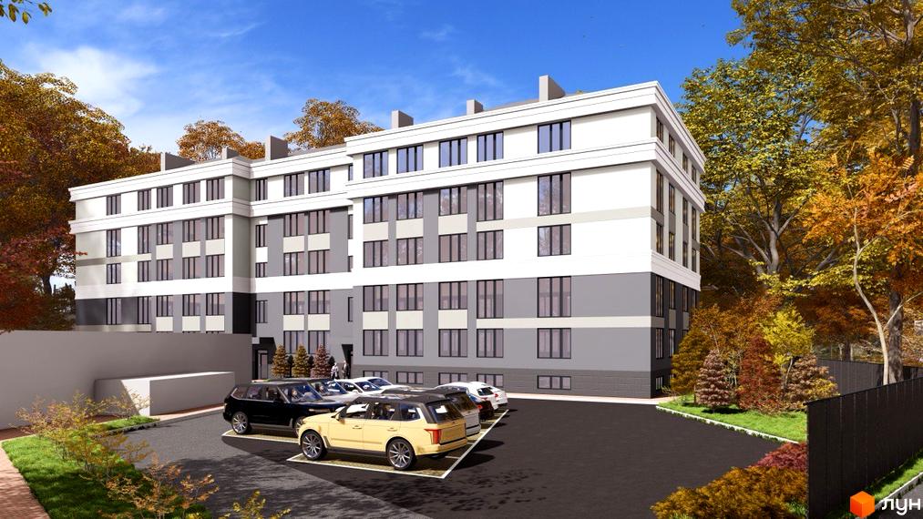 Житловий комплекс Comfort Hall має багатоповерховий будинок з біло-сірим фасадом та численними вікнами. Перед ним розташований паркінг з автомобілями та осінні дерева.