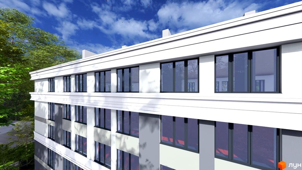 Житловий комплекс Comfort Hall: багатоповерховий будинок з білим фасадом, темними вікнами та зеленими деревами навколо.