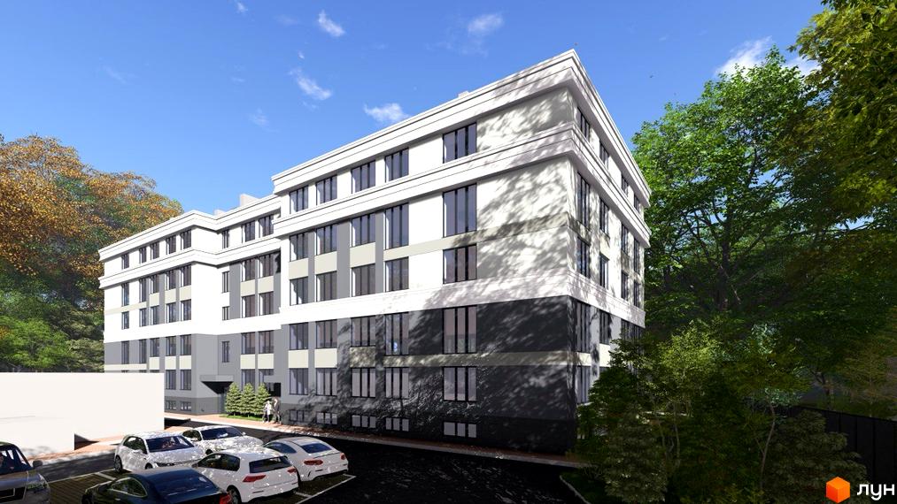 Житловий комплекс Comfort Hall з багатоповерховим фасадом у білих та сірих відтінках. Поруч розташовані парковка та зелені насадження.