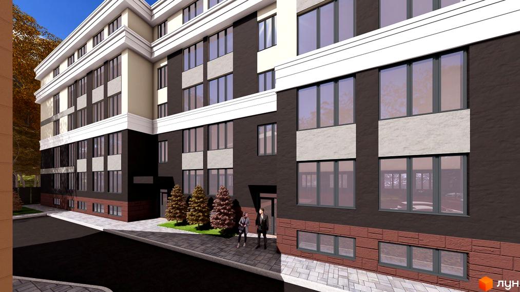 Житловий комплекс Comfort Hall: багатоповерховий будинок з темно-коричневим та світлим фасадом. Прибудинкова територія з доріжками, деревами та людьми.