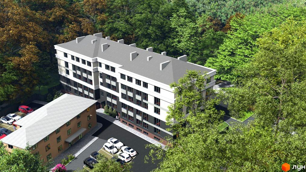 Новобудова Comfort Hall з біло-сірим фасадом та сірим дахом, оточена густими зеленими деревами. Поруч розташований паркінг.