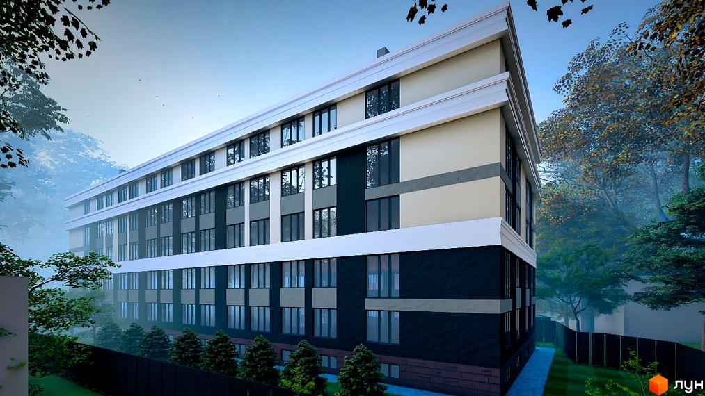 Багатоповерховий будинок Житлового комплексу Comfort Hall з фасадом у світлих та темних тонах, оточений зеленими деревами.