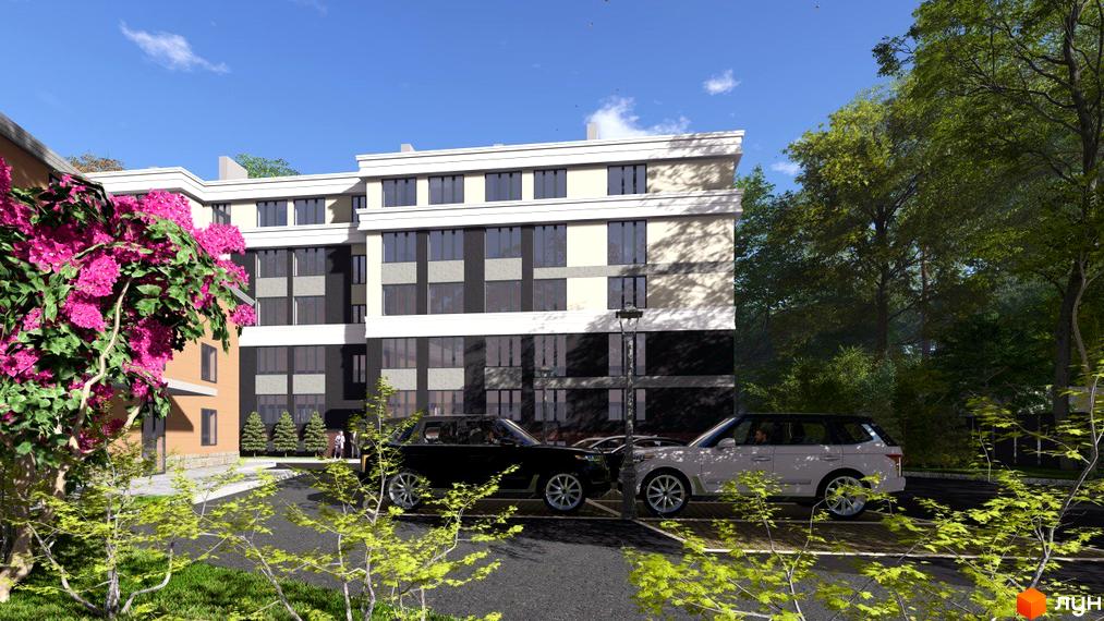 Житловий комплекс Comfort Hall з бежевим фасадом та темними вікнами, оточений зеленими насадженнями та парковкою.