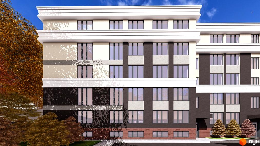 Житловий комплекс Comfort Hall: багатоповерховий будинок зі світлими та темними фасадами, великими вікнами. Навколо осінні дерева та хвойні насадження.