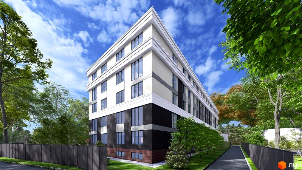 Житловий комплекс Comfort Hall: багатоповерховий будинок з білим, світло-сірим та темно-сірим фасадом, оточений зеленою територією з деревами та доріжкою.