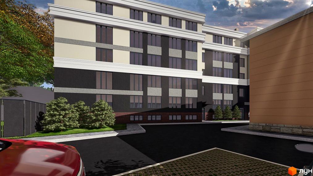 Житловий комплекс Comfort Hall: багатоповерховий будинок з фасадом у світлих та темних відтінках, оточений зеленими насадженнями та асфальтованим проїздом.