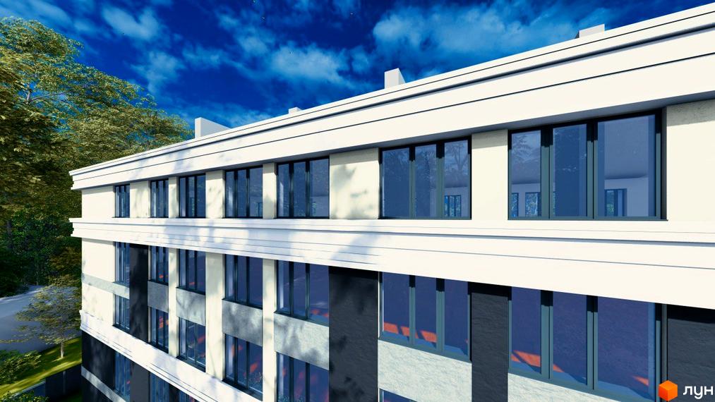 Житловий комплекс Comfort Hall: багатоповерховий будинок з білими та темними фасадами, великими вікнами. Навколо зелені дерева та блакитне небо.