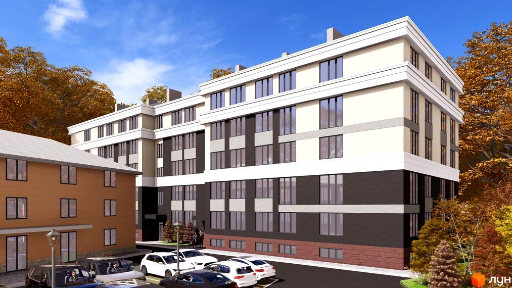 Житловий комплекс Comfort Hall з багатоповерховими будинками світлих та темних відтінків фасаду, великими вікнами та прибудинковою територією з парковкою та осінніми деревами.