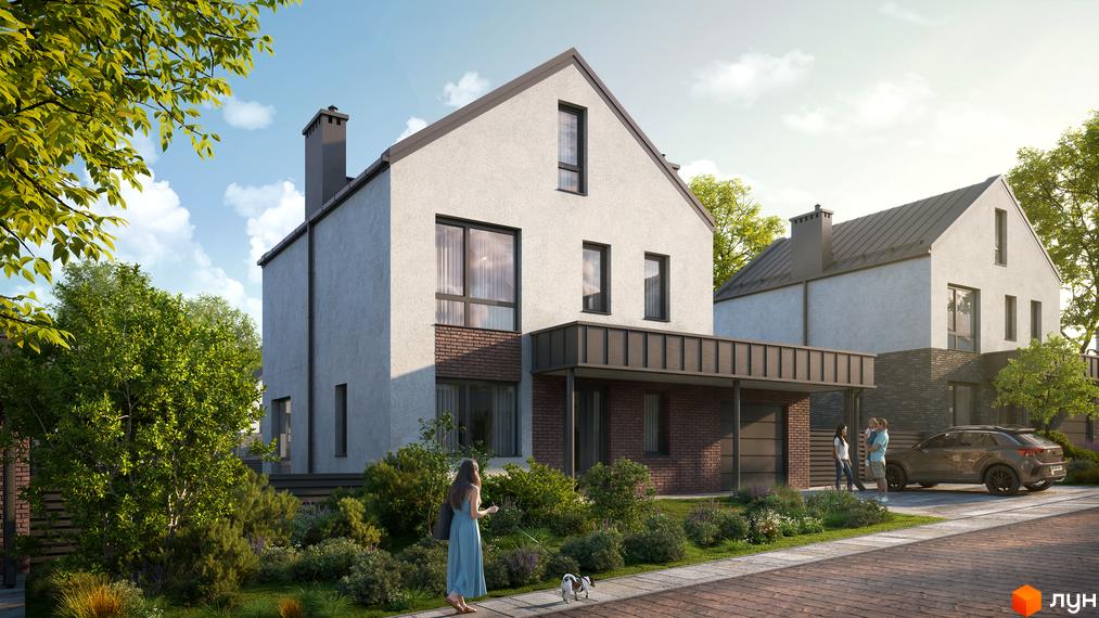 Котеджне містечко NARVILLE: будинки зі світлими фасадами, темними дахами та вікнами. Прибудинкова територія озеленена, з доріжками та місцями для відпочинку.