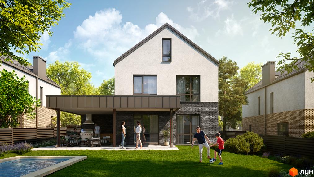 Фасад будинку Котеджного містечка NARVILLE з білим верхнім поверхом, темною цегляною основою та доглянутою прибудинковою територією з газоном і басейном.