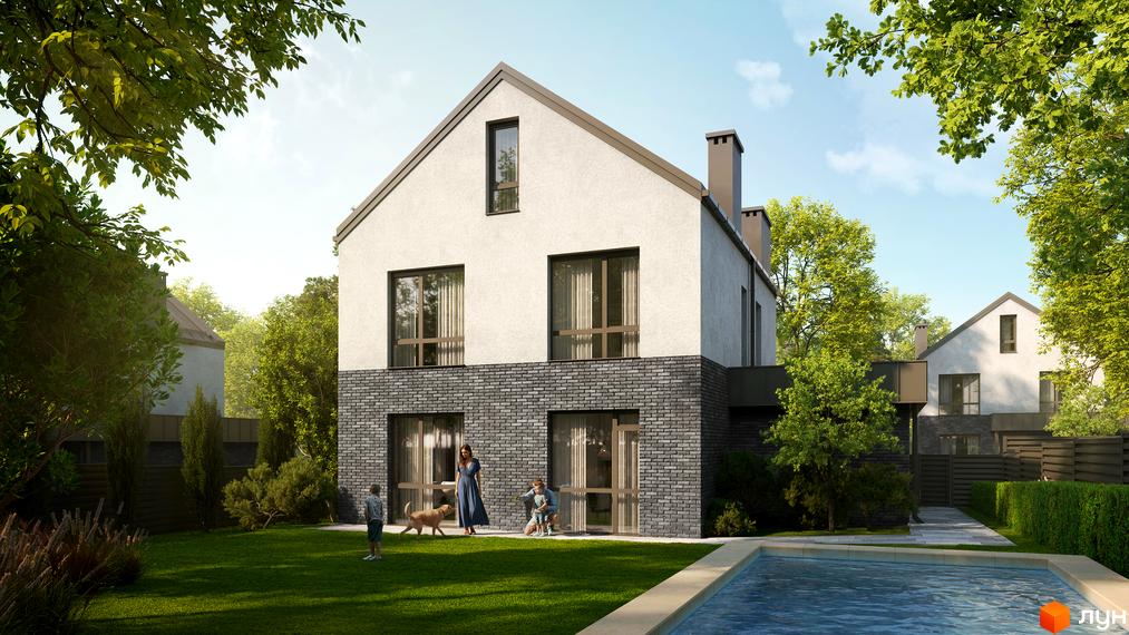 Котеджне містечко NARVILLE: двоповерховий будинок з білим та цегляним фасадом, великими вікнами. Навколо будинку зелений газон, дерева та басейн.