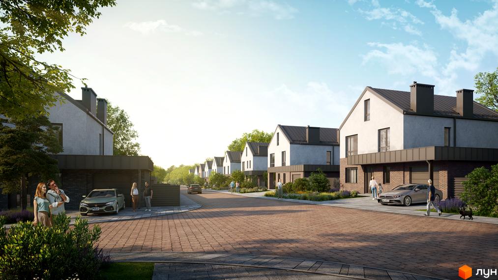 Котеджне містечко NARVILLE: світлі будинки з темними дахами та великими вікнами. Вулиця вимощена бруківкою, з доглянутими газонами.