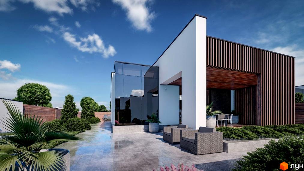 Котеджне містечко Comfort City GREEN PARK: будинок з білим фасадом, скляними стінами та дерев'яними елементами. На подвір'ї мощення, зелені насадження та меблі.