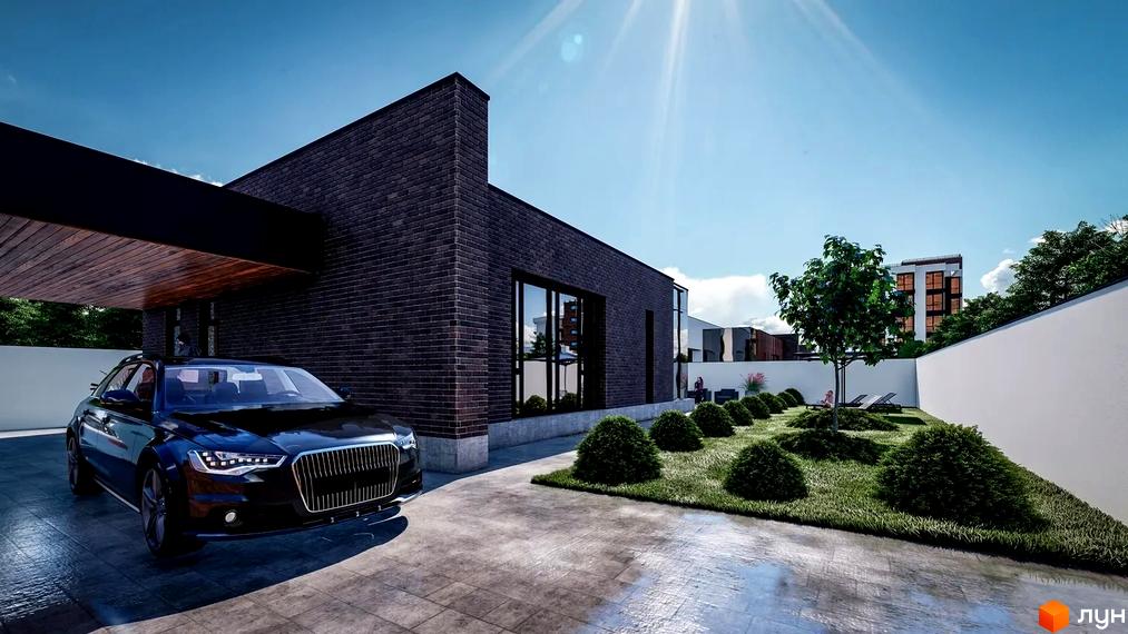 Котеджне містечко Comfort City GREEN PARK: темний цегляний будинок з великими вікнами, доглянутим газоном, кущами та автомобілем біля входу.