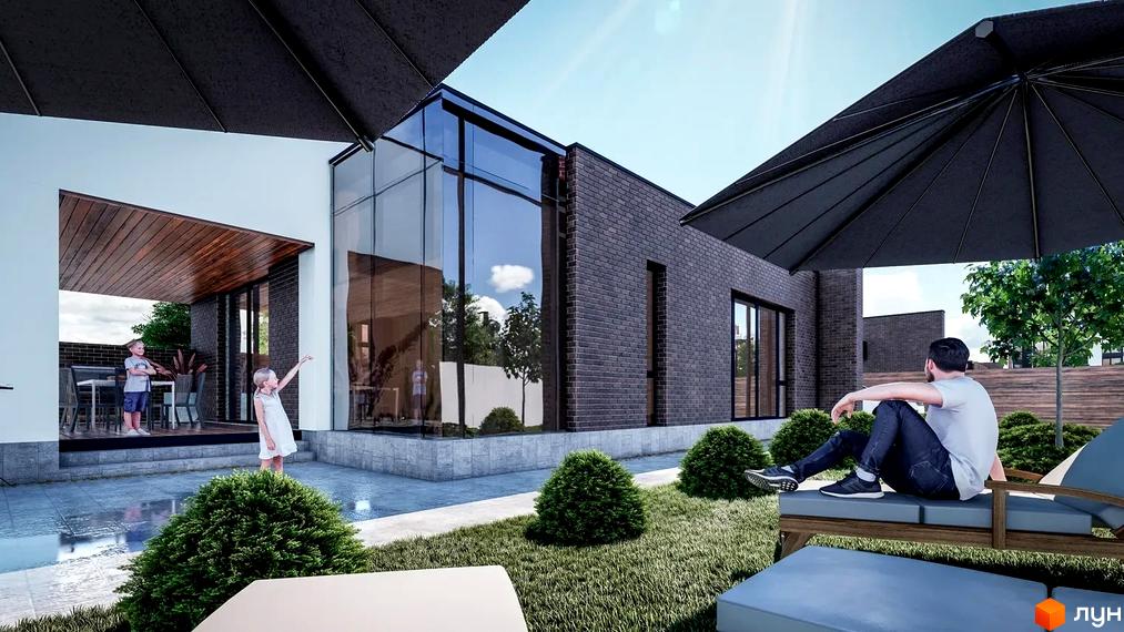 Котеджне містечко Comfort City GREEN PARK: будинок з темно-цегляним фасадом, скляними стінами та зеленою прибудинковою територією з зоною відпочинку.