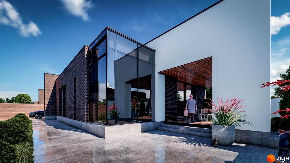 Котеджне містечко Comfort City GREEN PARK: Будинок з фасадами з темної цегли та білої штукатурки, скляним входом, брукованим подвір'ям та зеленими насадженнями.