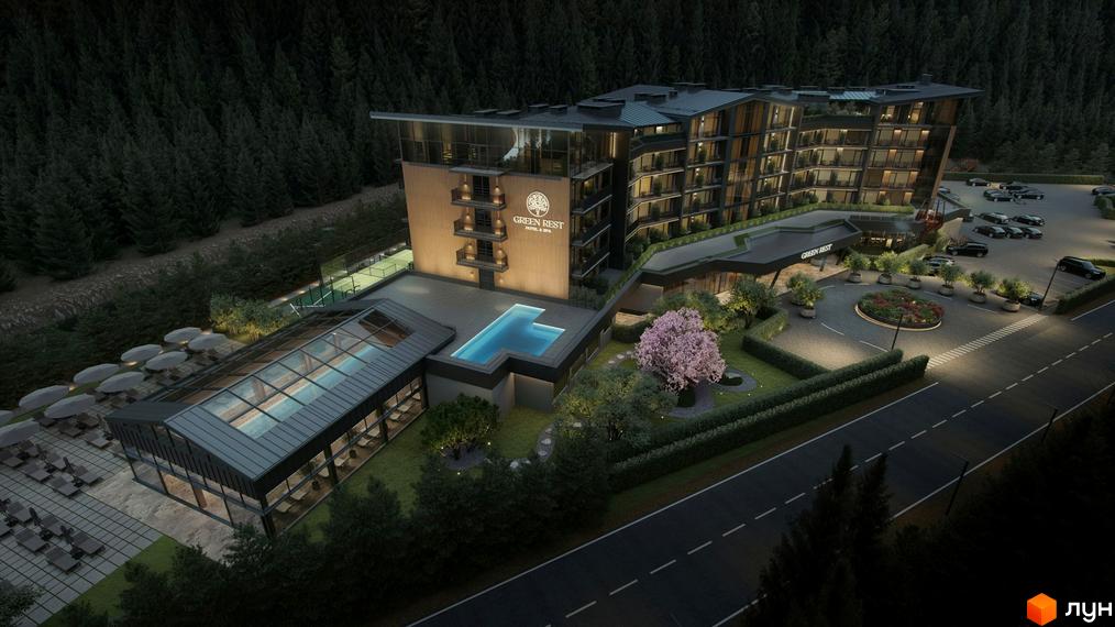 Багатоповерховий будинок Green Rest з балконами та темним фасадом. Прибудинкова територія має відкритий басейн, тенісний корт та озеленення.