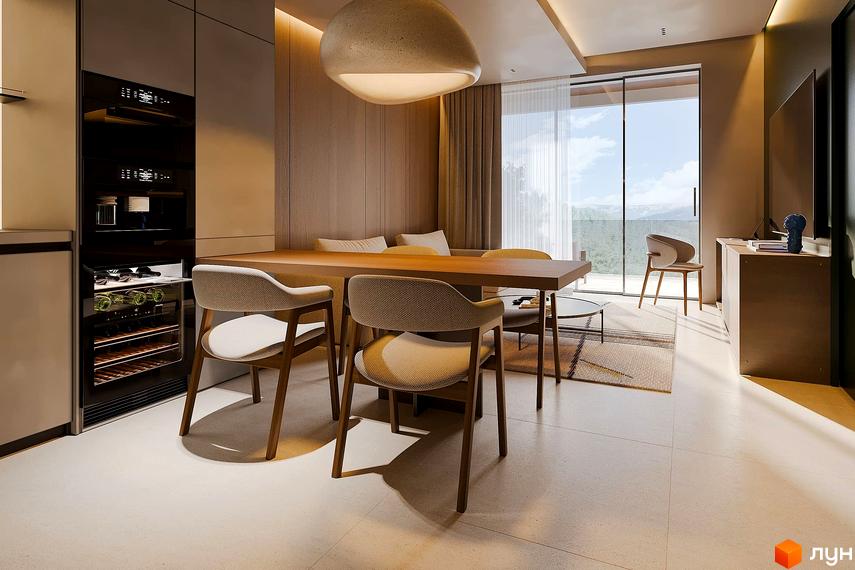 Обідня зона в апартаментах Апарт-комплекс Forrest Resort & SPA з дерев'яним столом, м'якими стільцями, вбудованою технікою та видом на природу.