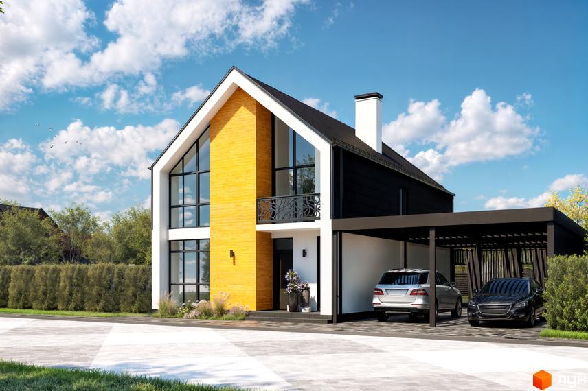 Котеджне містечко Ovillas: будинок з чорним дахом, жовтим фасадом, панорамними вікнами та навісом для авто.