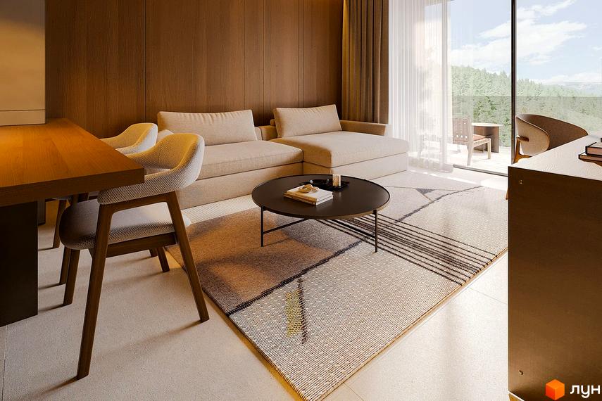 Інтер'єр вітальні в Апарт-комплекс Forrest Resort & SPA з дерев'яними панелями, бежевим диваном та видом на ліс. Обідня зона зі столом та стільцями.