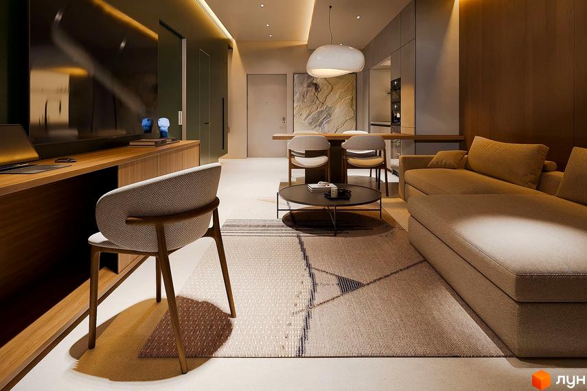 Інтер'єр вітальні та обідньої зони в Апарт-комплекс Forrest Resort & SPA. Просторий дизайн з комфортними меблями та освітленням.