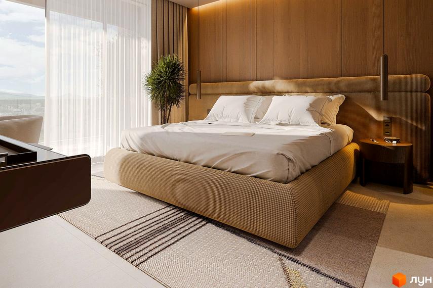 Інтер'єр спальні в Апарт-комплексі Forrest Resort & SPA: ліжко з текстильною оббивкою, дерев'яна стіна, панорамне вікно з видом.