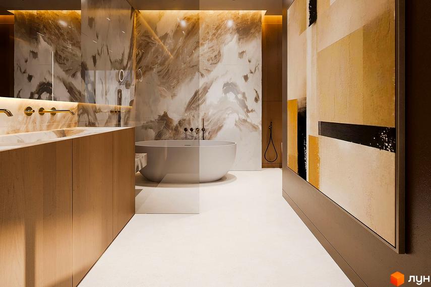 Інтер'єр ванної кімнати в Апарт-комплекс Forrest Resort & SPA з окремою ванною, подвійною раковиною та оздобленням стін під мармур.