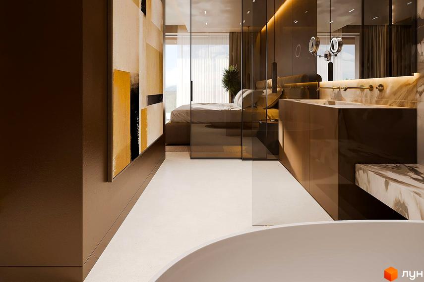 Інтер'єр апартаментів Апарт-комплекс Forrest Resort & SPA: спальня за скляною перегородкою та ванна кімната з подвійною раковиною і ванною.