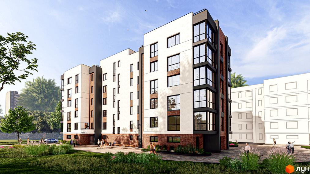 Житловий комплекс Липові роси: багатоповерхові будинки з білими фасадами, цегляними вставками та великими вікнами. Навколо зелені газони, дерева та пішохідні доріжки.