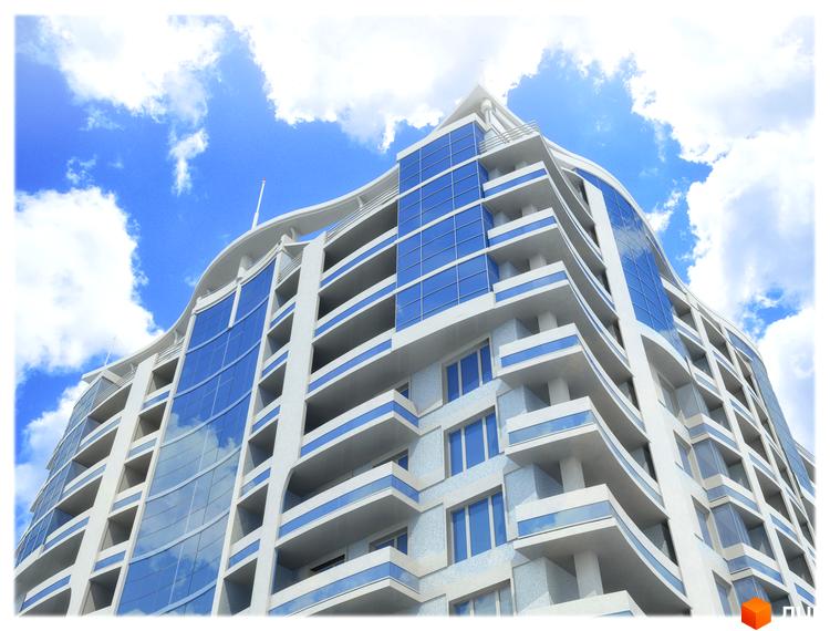 Висотна будівля ЖК Santorini з великими скляними вікнами на фоні блакитного неба з хмарами. Простора прибудинкова територія з озелененням.