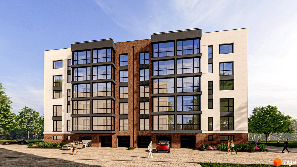 Житловий комплекс Липові роси з комбінованим фасадом з цегли та світлої штукатурки, великими вікнами та прибудинковою територією з бруківкою та зеленню.