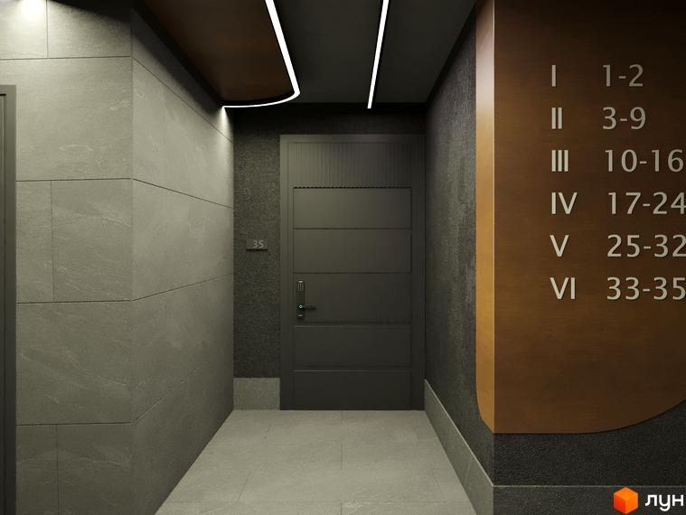 Житловий комплекс Eden Park: оформлення загального коридору з темними дверима, світлими стінами та навігаційною панеллю поверхів.