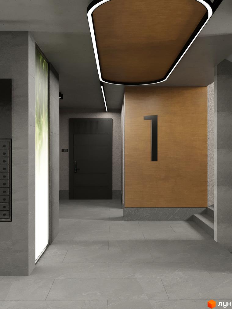 Житловий комплекс Eden Park: інтер'єр загального коридору з сірою плиткою, дерев'яними панелями, лінійним освітленням та номерами поверхів.