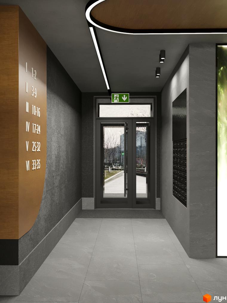 Вхідна група Житлового комплексу Eden Park з темними стінами, дерев'яною панеллю з номерами квартир та виходом на прибудинкову територію.