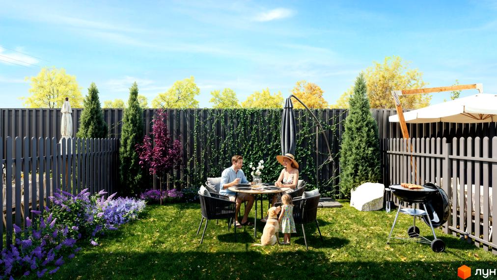 Котеджне містечко City Villa Club: доглянутий задній двір з обідньою зоною для сім'ї, мангалом та зеленими насадженнями.