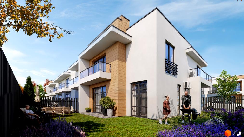 Котеджне містечко City Villa Club: двоповерхові котеджі з білими фасадами та дерев'яними вставками. На задньому дворі газон, квіти та зона барбекю.