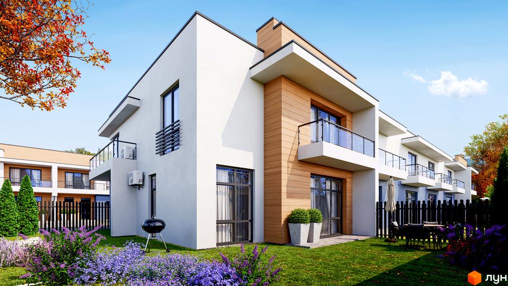 Котеджне містечко City Villa Club: білі будинки з дерев'яними елементами, балконами та зеленим газоном з квітами.