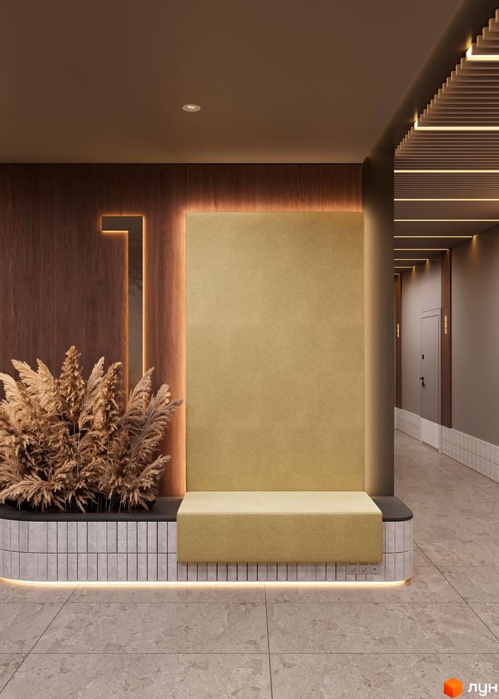 Інтер'єр холу Житлового комплексу Woodside: дерев'яні панелі з підсвіткою, м'яка лавка та декор з сухоцвітів.