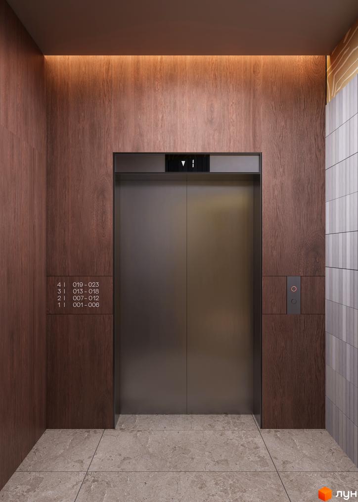 Інтер'єр ліфтового холу Житлового комплексу Woodside: дерев'яні панелі, металеві двері ліфта та інформація про номери квартир на поверхах.