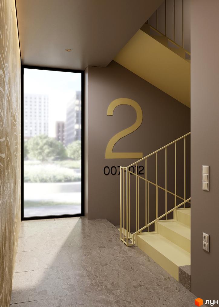 Внутрішній простір Житлового комплексу Woodside з жовтими сходами, великим вікном та видом на міські будівлі.