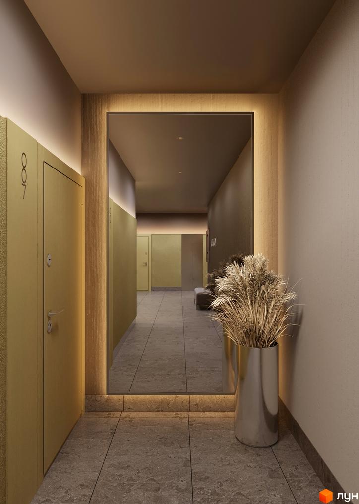 Вхідний коридор Житлового комплексу Woodside з дверима, дзеркалом з підсвічуванням та декоративною вазою. Світлі стіни та плитка на підлозі доповнюють простір.