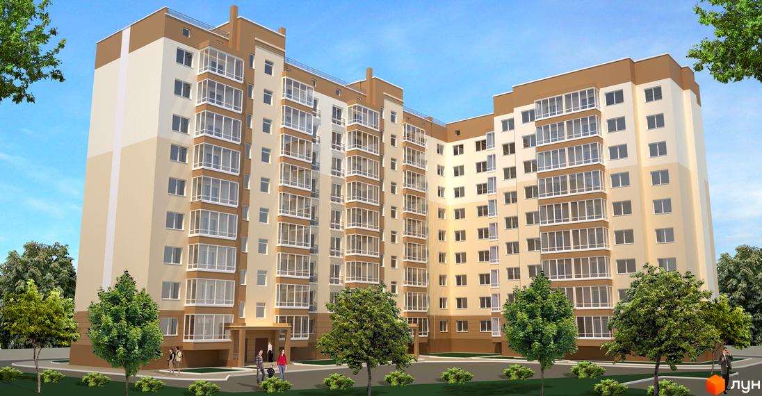 Зображення багатоповерхового будинку. Фасад будівлі виконаний у світлих тонах з коричневими акцентами. На прибудинковій території висаджені дерева та кущі.