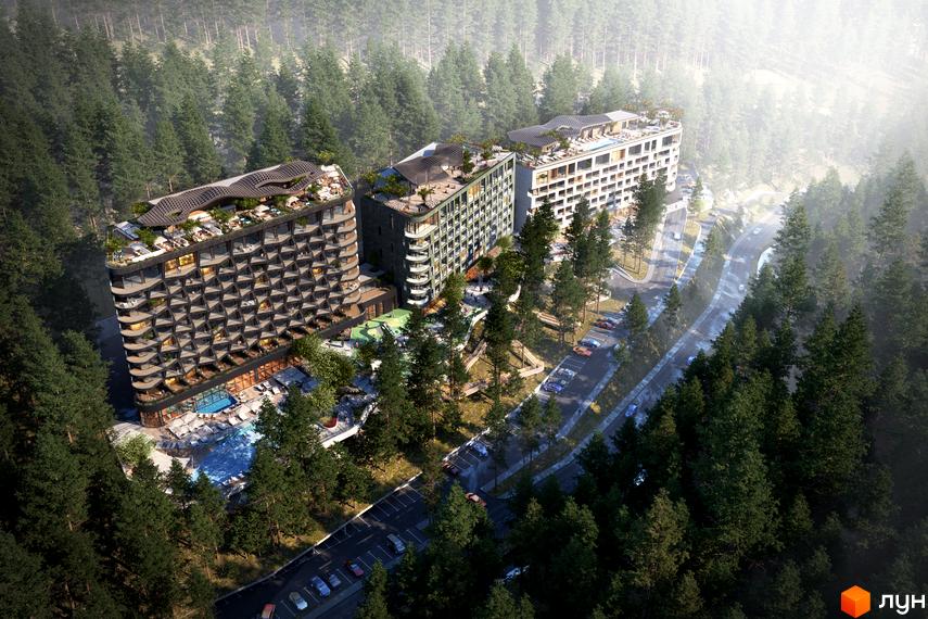 Апарт-комплекс Forrest Resort & SPA: три будівлі з балконами та терасами на даху, розташовані серед хвойного лісу з басейнами та парковками.