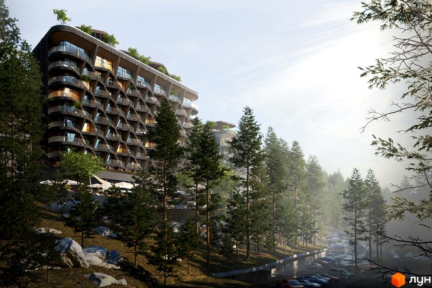 Апарт-комплекс Forrest Resort & SPA: будівля з вигнутим фасадом та балконами, оточена сосновим лісом, з парковкою та терасами.