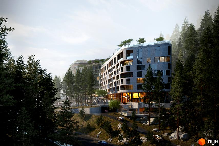 Комплекс Forrest Resort & SPA з вигнутим фасадом та панорамними вікнами серед хвойного лісу. Навколо будинку зелені насадження та дорога.