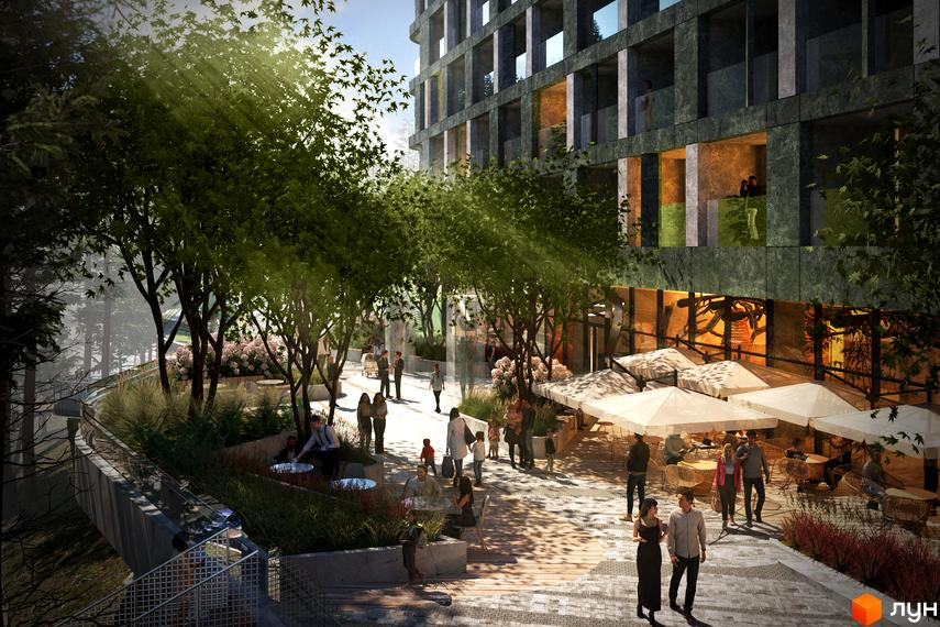 Комплекс Forrest Resort & SPA з багатоповерховим фасадом та великими вікнами. Прибудинкова територія облаштована деревами, кущами, квітами та зонами відпочинку з кафе.