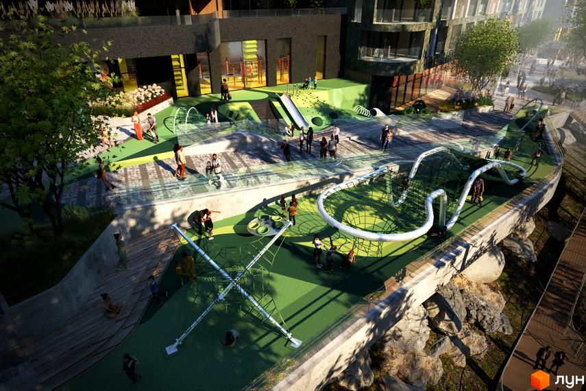 Комплекс Forrest Resort & SPA з темними фасадами та балконами. На території облаштований багаторівневий дитячий майданчик з ігровими зонами та зеленими насадженнями.