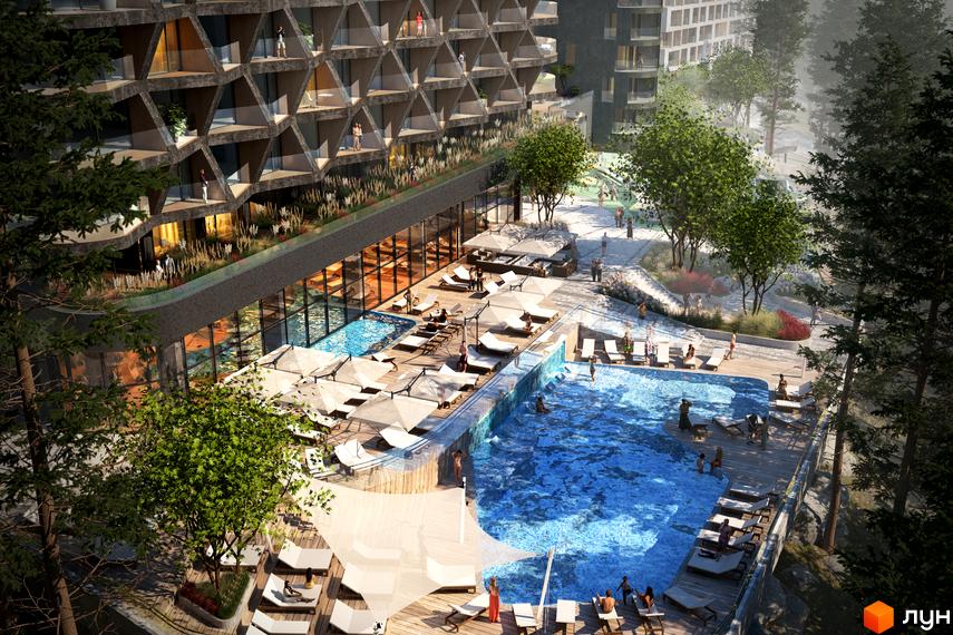 Апарт-комплекс Forrest Resort & SPA з фасадом у вигляді сот та балконами. Прибудинкова територія має басейни, шезлонги та дерева.