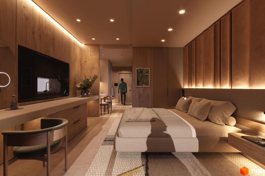 Інтер'єр спальні в Комплексі Forrest Resort & SPA: дерев'яні стіни, велике ліжко, телевізор та функціональна зона. Приміщення має точкове та приховане освітлення.