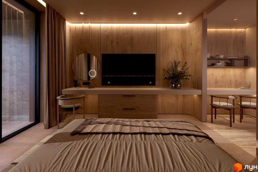 Спальня в Апарт-комплекс Forrest Resort & SPA з дерев'яними стіновими панелями, великим ліжком, панорамним вікном та вбудованим освітленням.